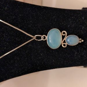 Aqua blue sterling pendant. Chalcedony.  20" box chain. Artisan made. Gift box